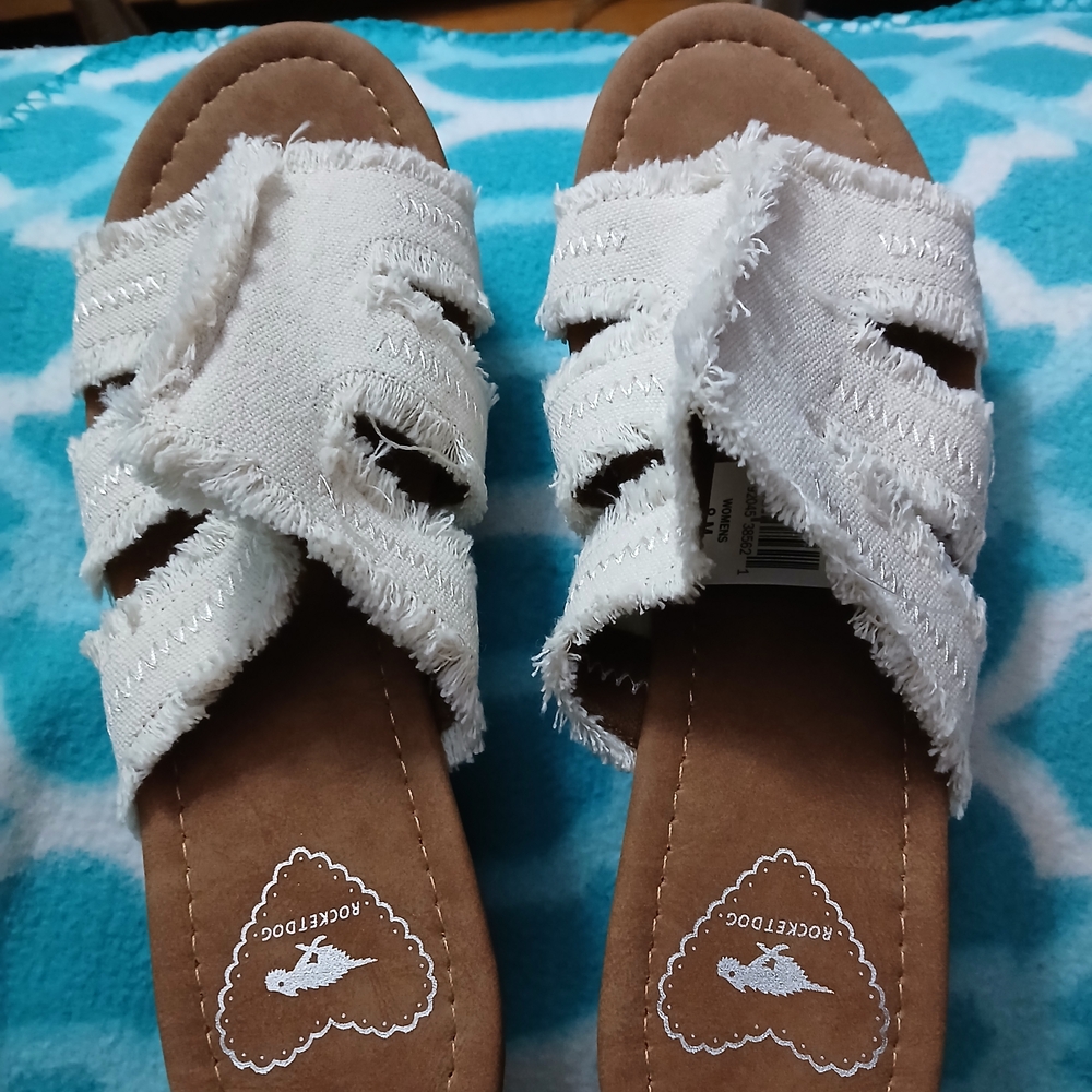 White Frayed Slide Sandals